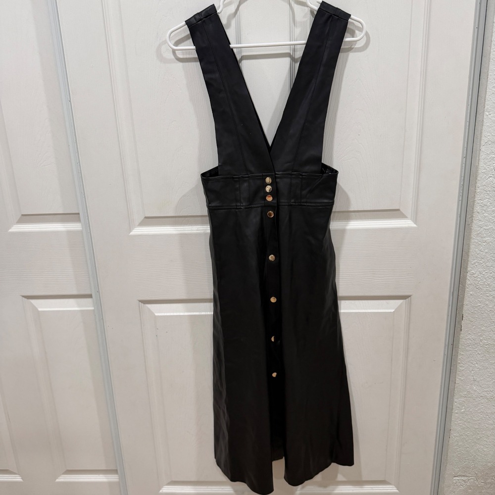 Zara Black Faux Leather Pinafore Midi Dress Button Front XS